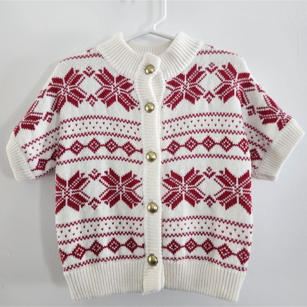 Janie And Jack Red And Cream Knit Snowflake Cardigan Sweater Size 2T